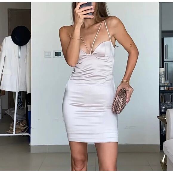 ZARA SATIN DRESS PEARL GRAY - Picture 1 of 8